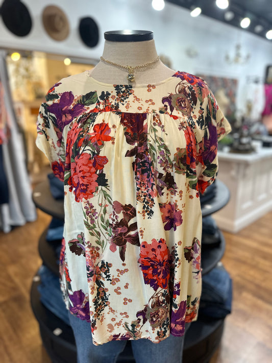 Sweet And Casual Floral Cap Sleeve Top