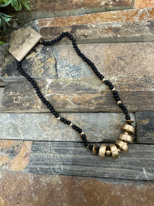 Black Wood Bead Necklace With Gold Disc Accents