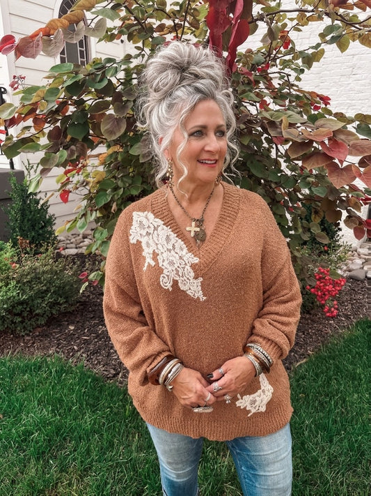 You Should Stay Lace Trim Sweater
