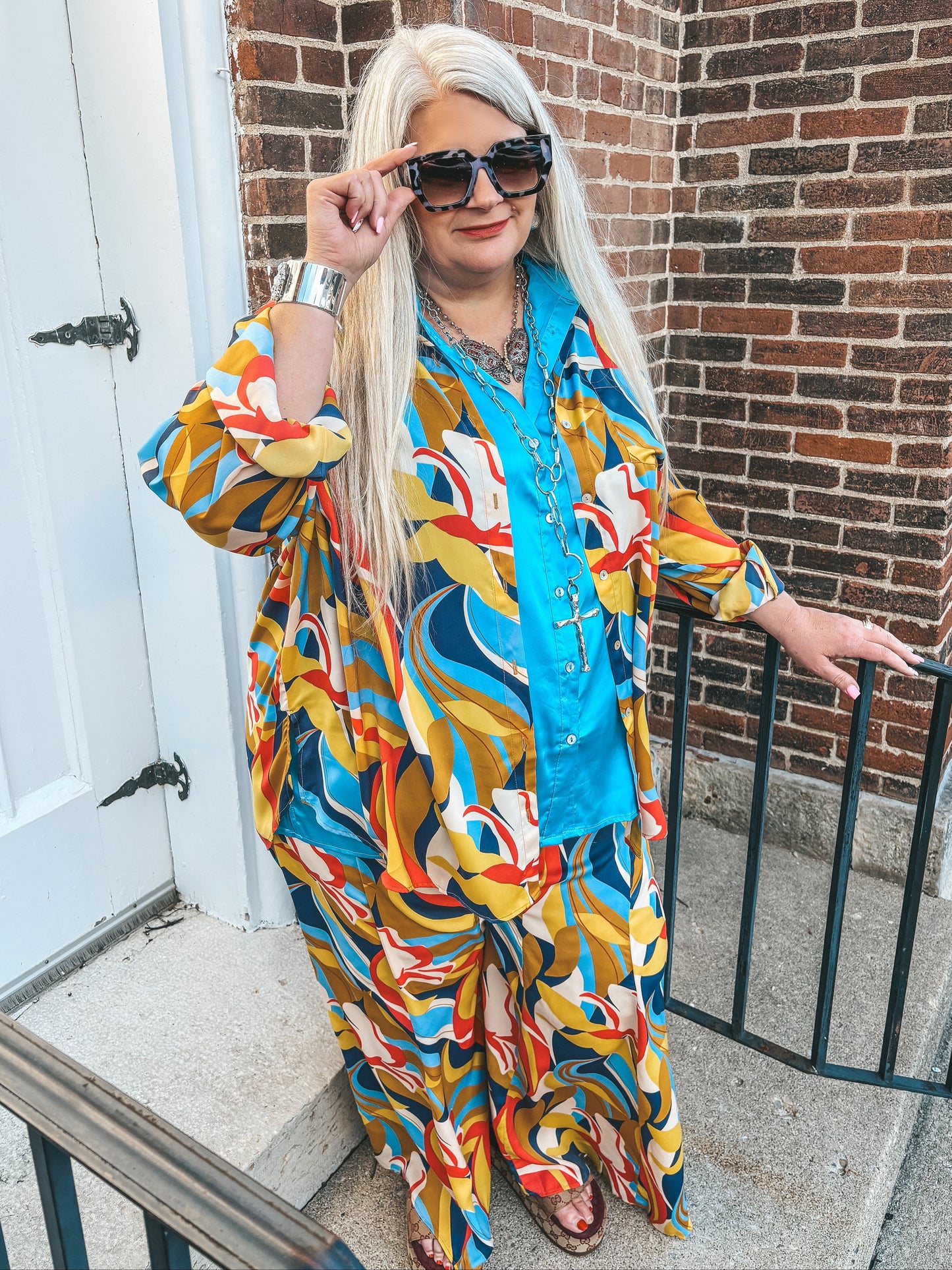 Coming To Town Abstract Print Wide Leg Pants ~ Blue Mustard