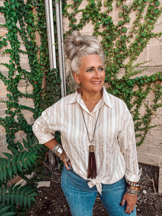 On Point Button Up Shirt  ~ Beige Striped
