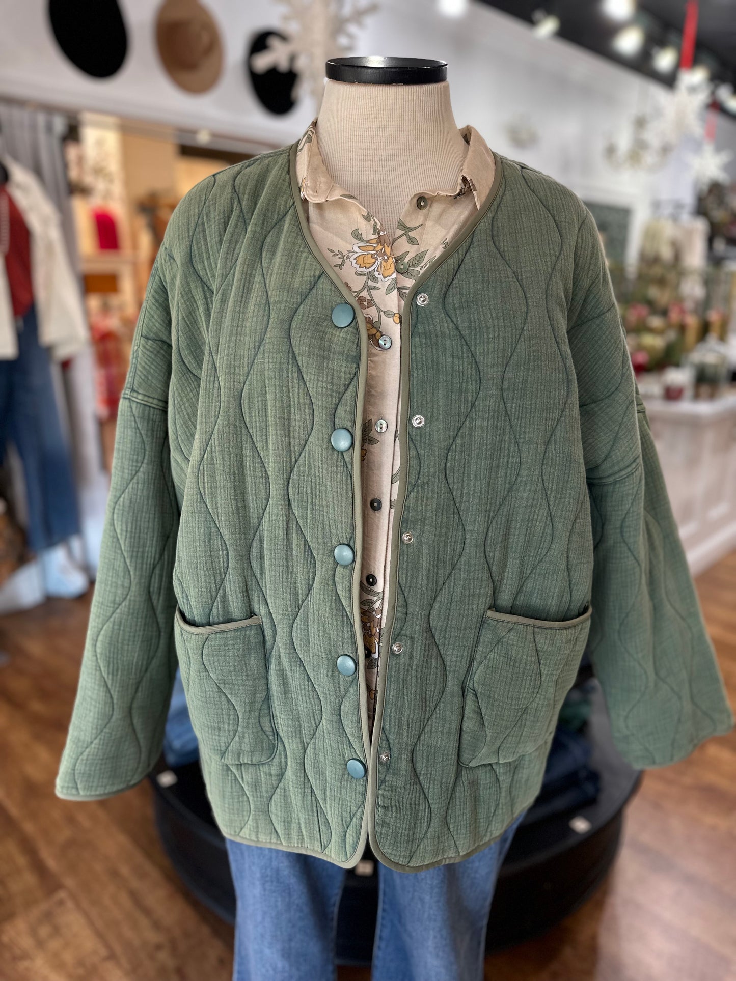 Stop Time Quilted Jacket ~ Washed Green