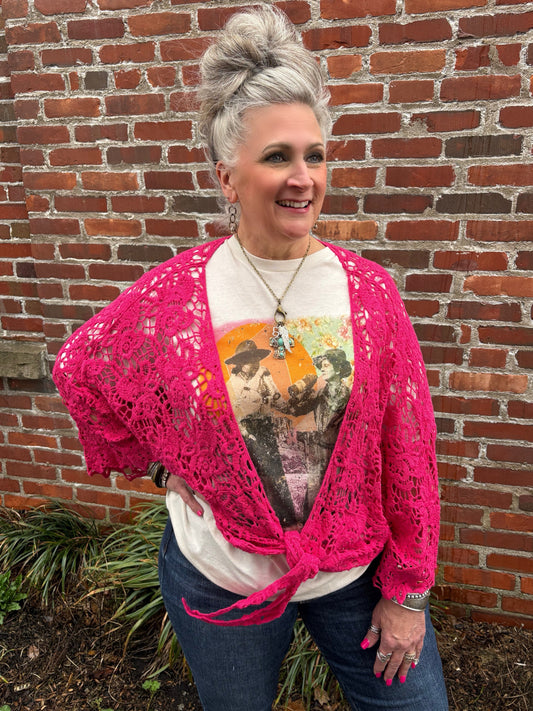 Seal The Deal Tie Hem Crochet Cardigan ~ Fuchsia