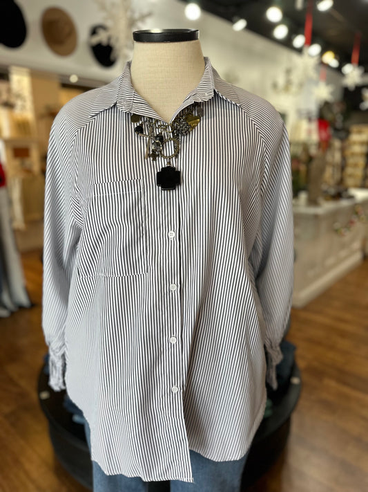 The Perfect Line Striped Button Up Top ~ Black