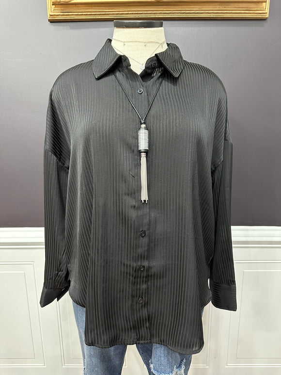 First Class Reservations Pinstripe Button Down Top ~ Black