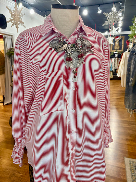 The Perfect Line Striped Button Up Top ~ Red
