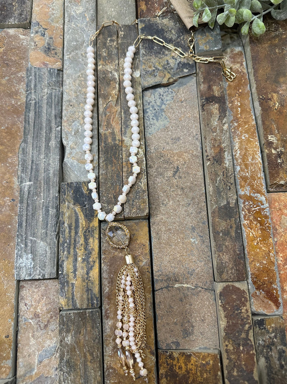 All Day Long Clear Crystal Tassel Necklace ~ Gold