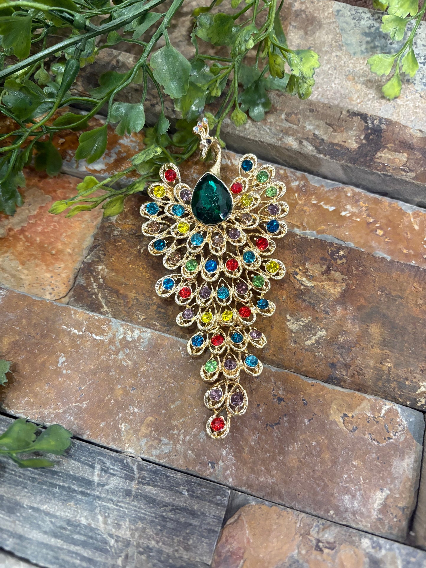 Sparkling Rhinestone Peacock Brooch - Multi