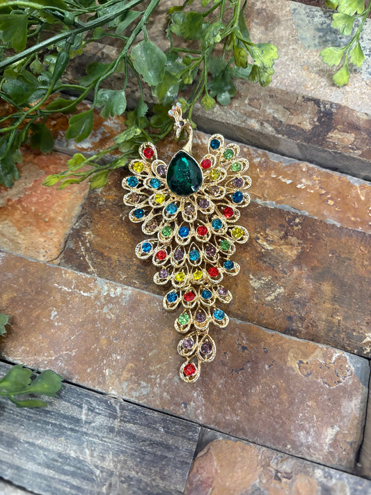 Sparkling Rhinestone Peacock Brooch - Multi