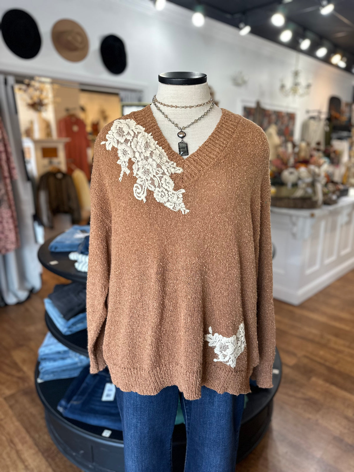 You Should Stay Lace Trim Sweater