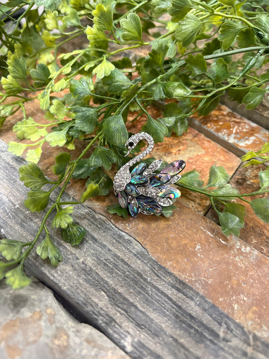 Abalone Shell & Rhinestone Swan Brooch