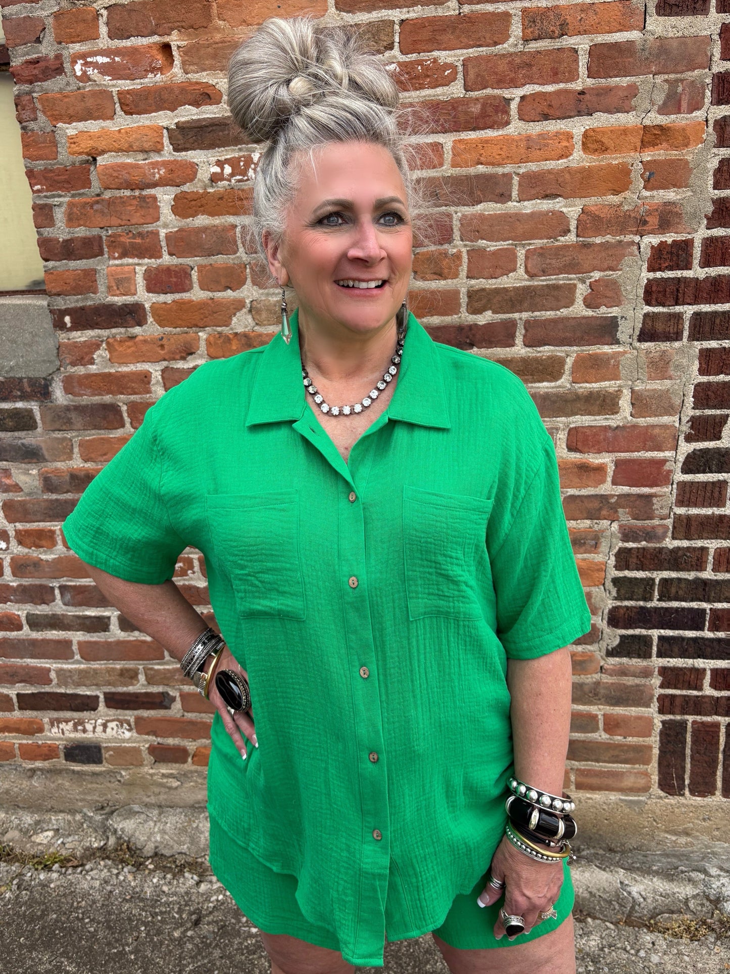 On My Time Button Down Top ~ Green