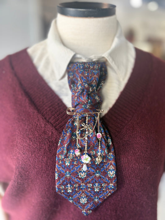 Simply Elegant Necktie Necklace Accessory / Burgundy Ceramic Pin