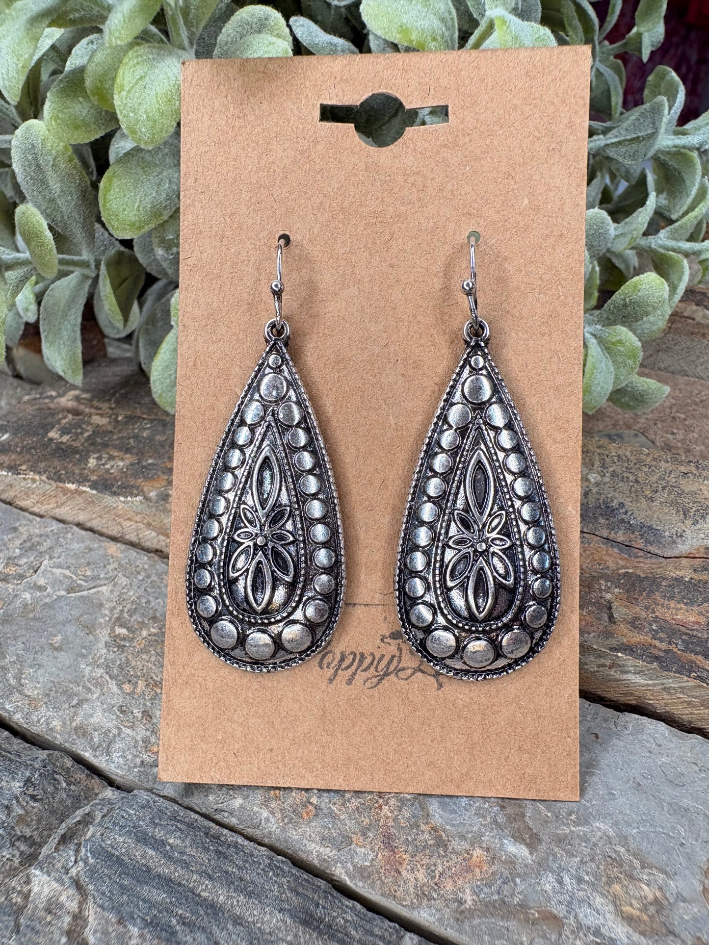 Silver Sage Etched Teardrop Earrings