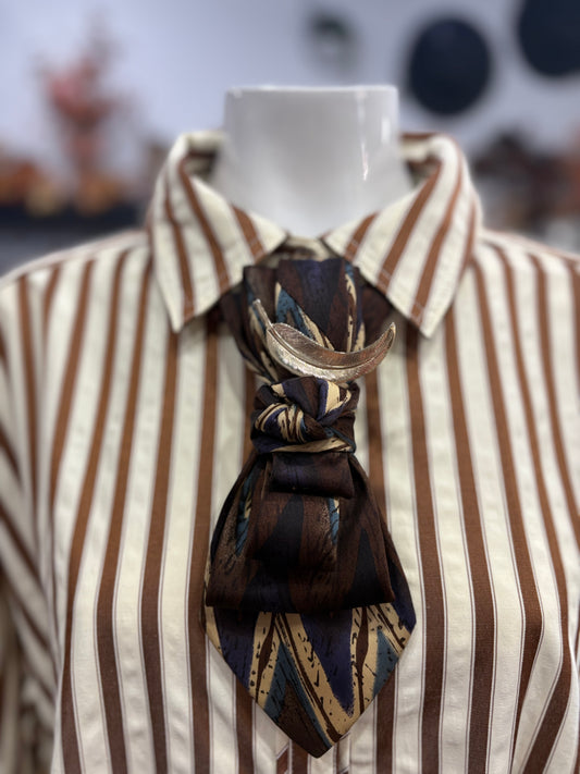 Simply Elegant Necktie Necklace Accessory / Brown / Vintage Feather Brooch