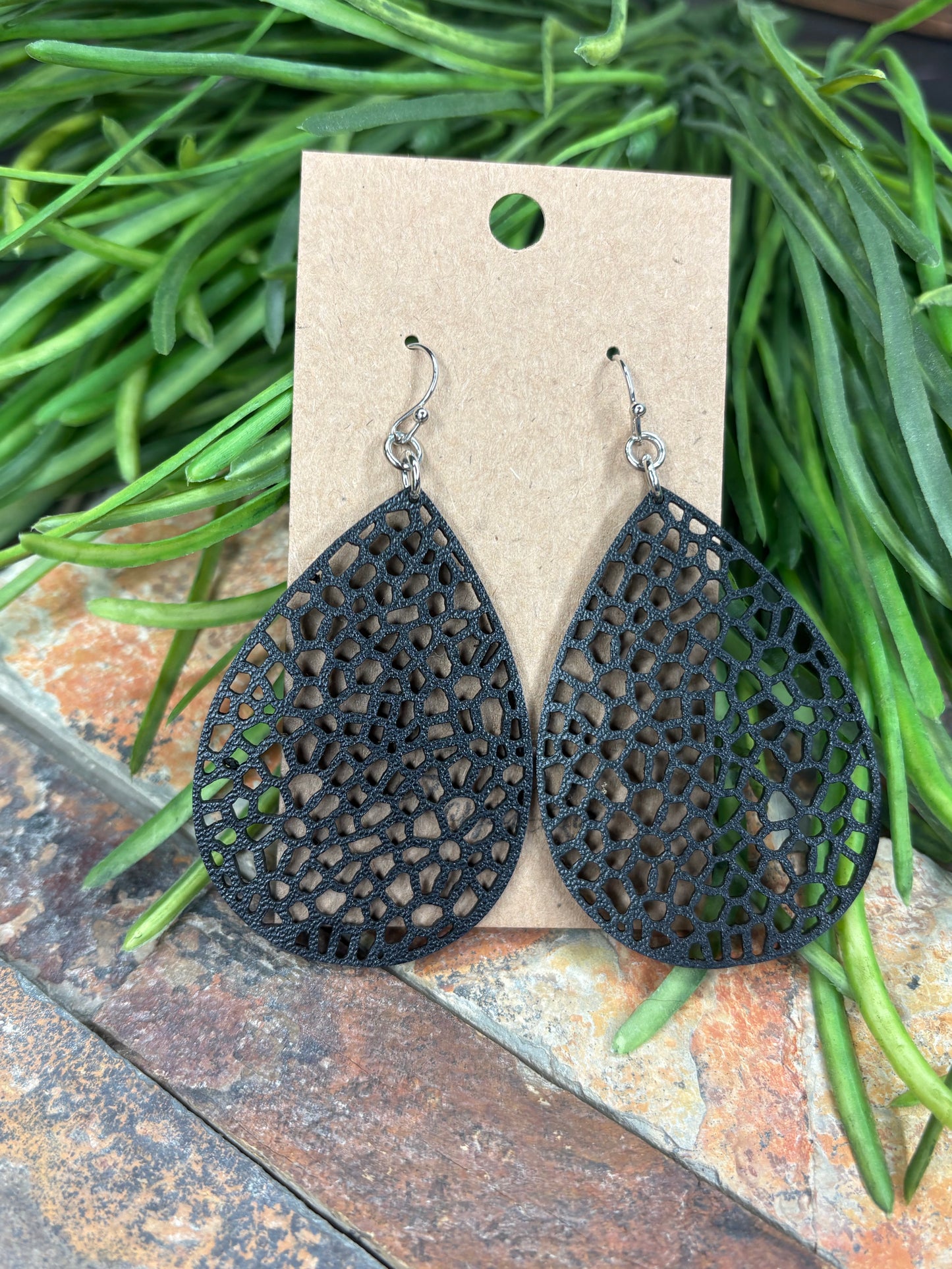 Take Your Time Black Filigree Leather Earrings
