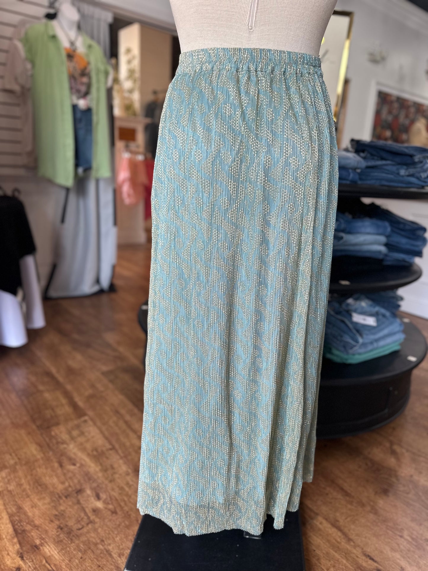 Set In Place Metallic Pleated Maxi Skirt ~ Sage