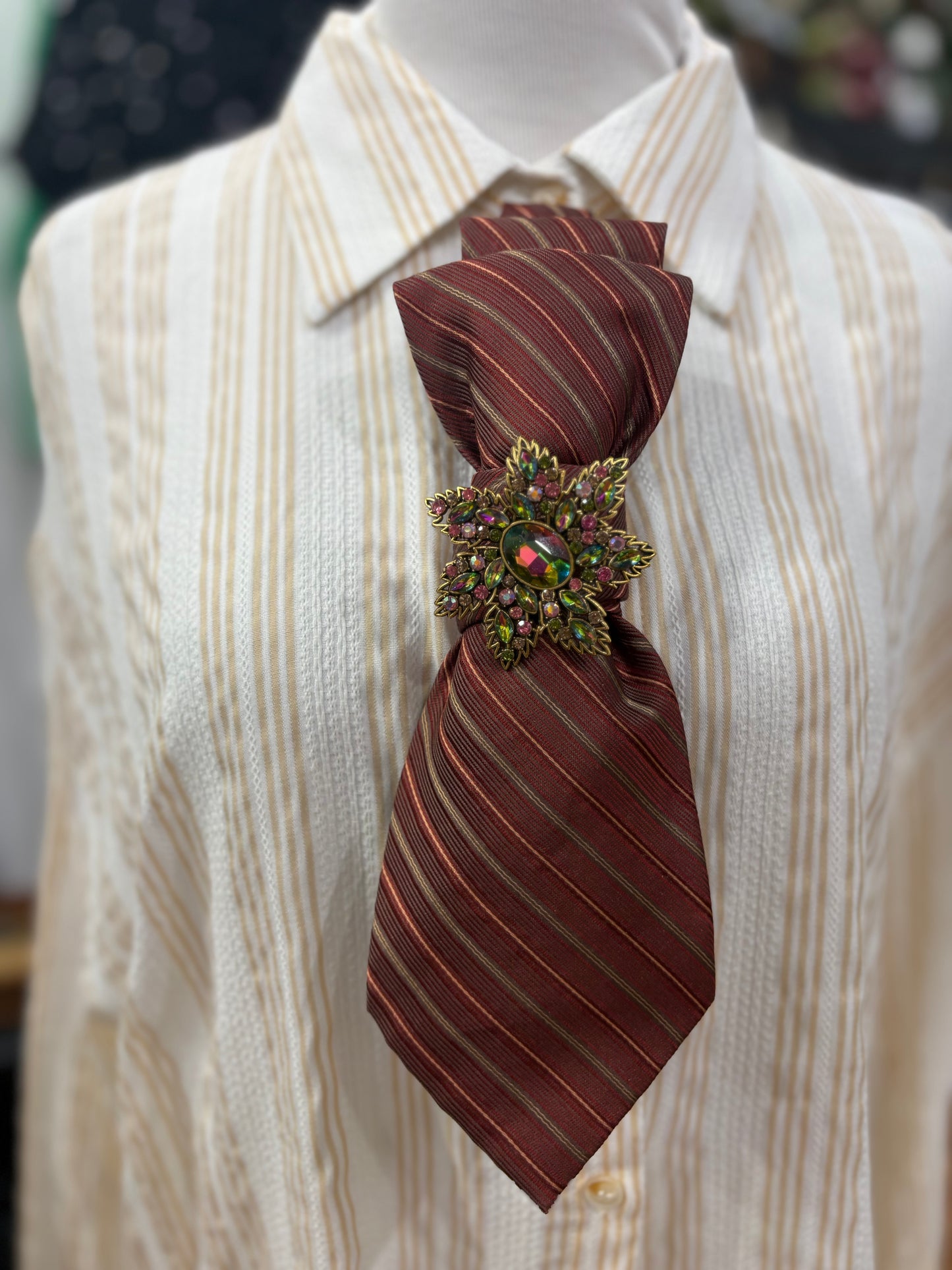 Simply Elegant Necktie Necklace Accessory / Rust / Rhinestone Brooch