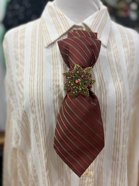 Simply Elegant Necktie Necklace Accessory / Rust / Rhinestone Brooch