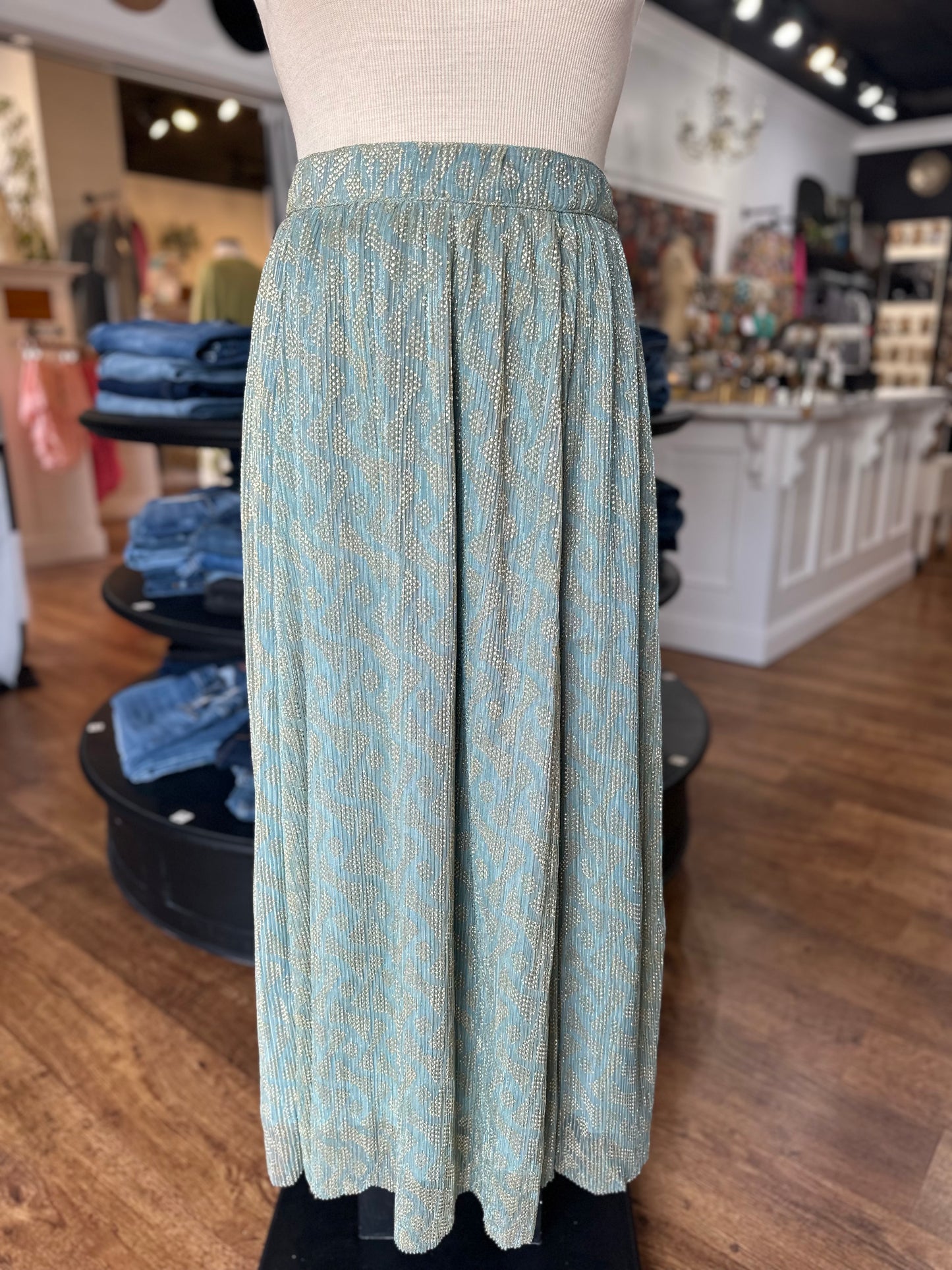 Set In Place Metallic Pleated Maxi Skirt ~ Sage