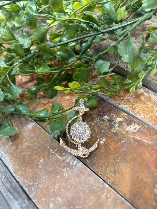 Gold Rhinestone Anchor Brooch