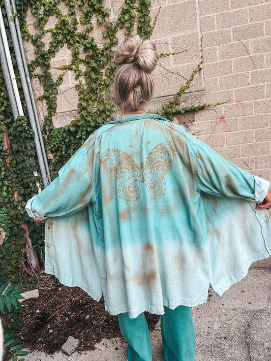 Teal and Golden Butterfly Shirt/Duster/Dress