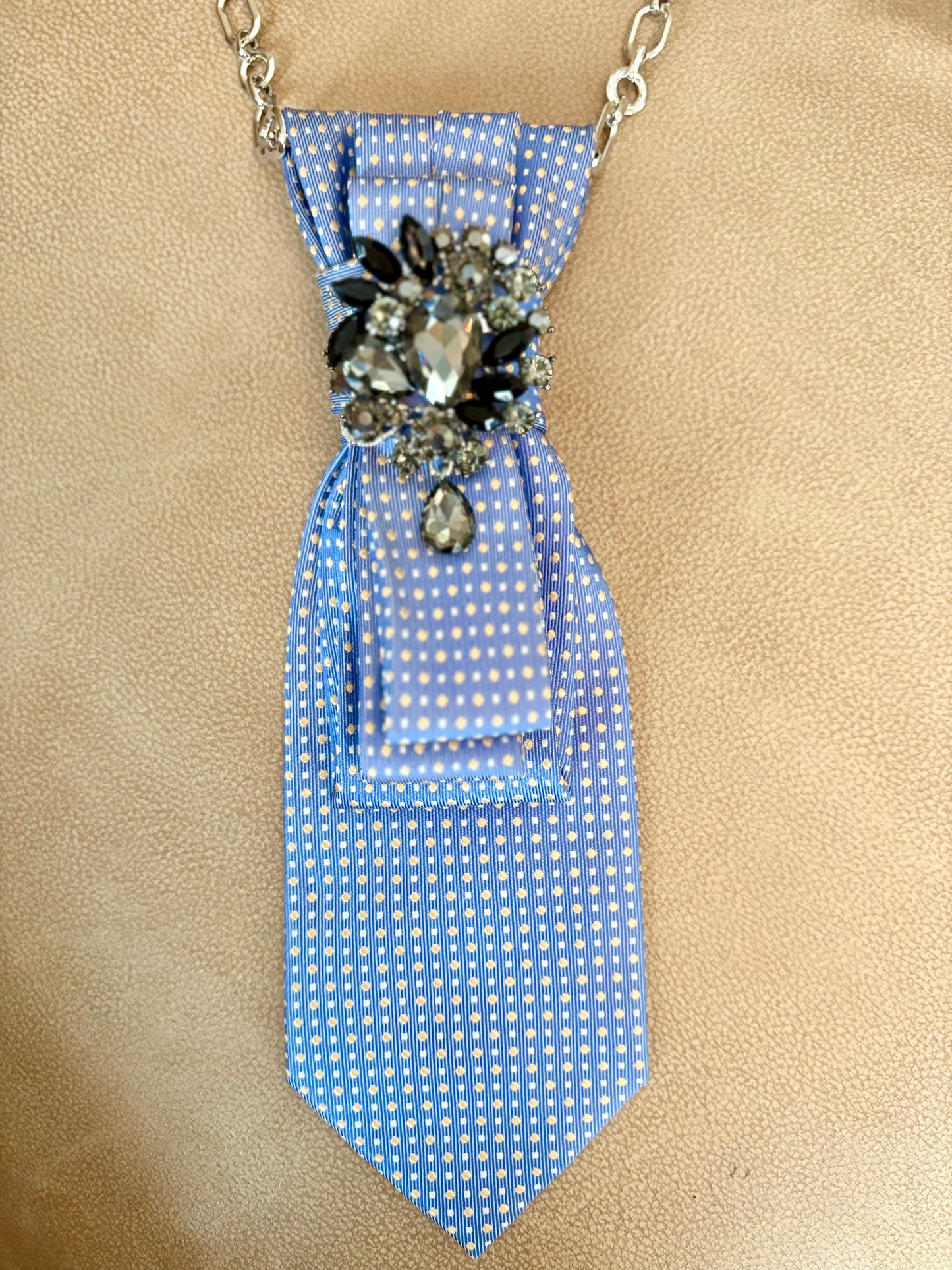 Simply Elegant Necktie Necklace /  Blue with Crystal Brooch