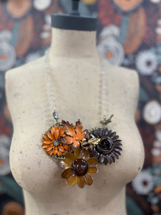 Vintage Mod Flower Assemblage Necklace - Brown/Orange