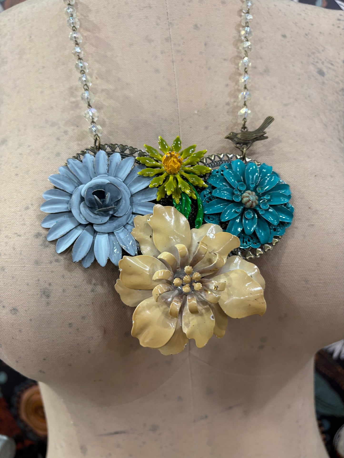 Vintage Mod Flower Assemblage Necklace - Teal/Blue/Tan