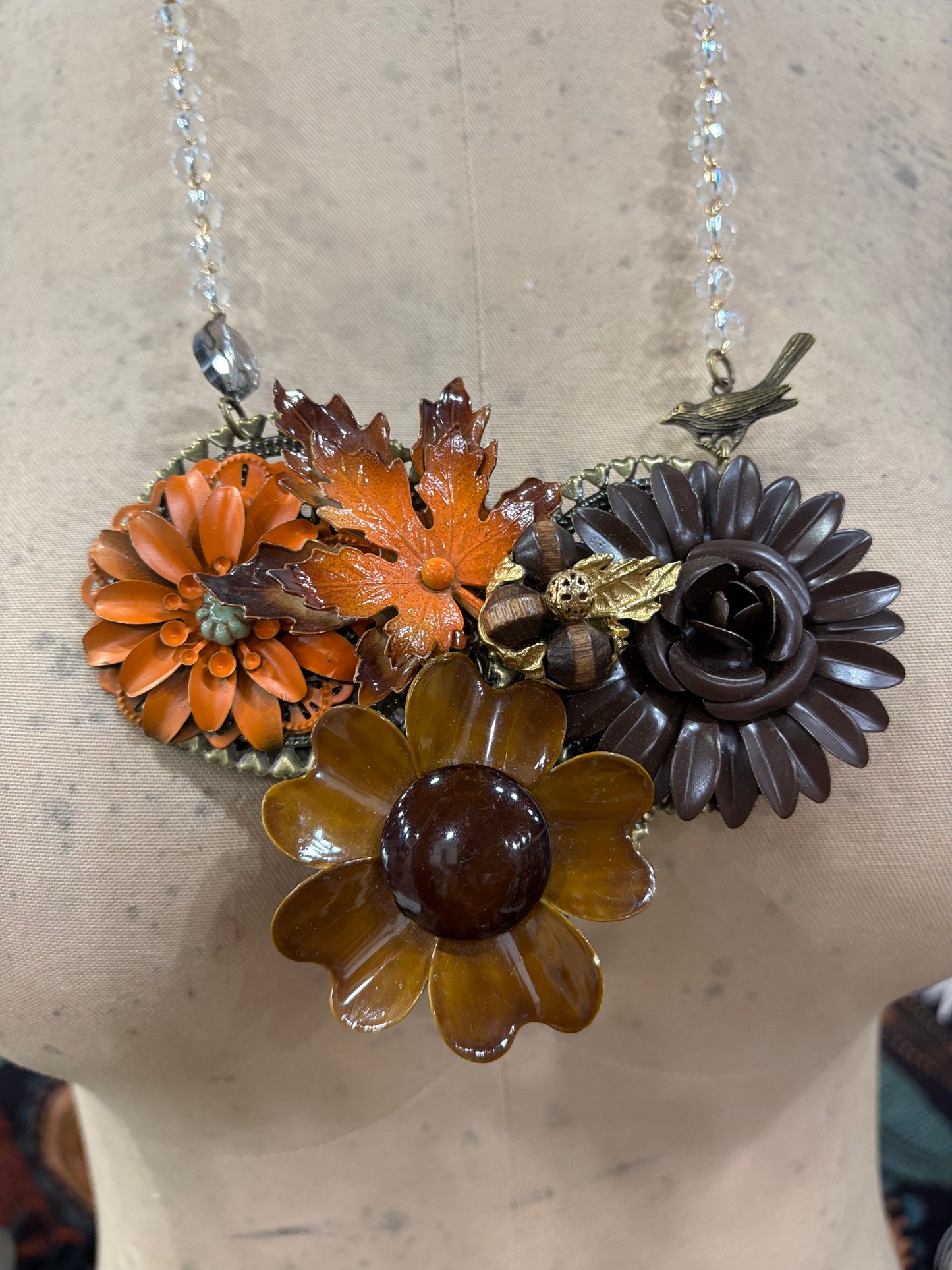 Vintage Mod Flower Assemblage Necklace - Brown/Orange