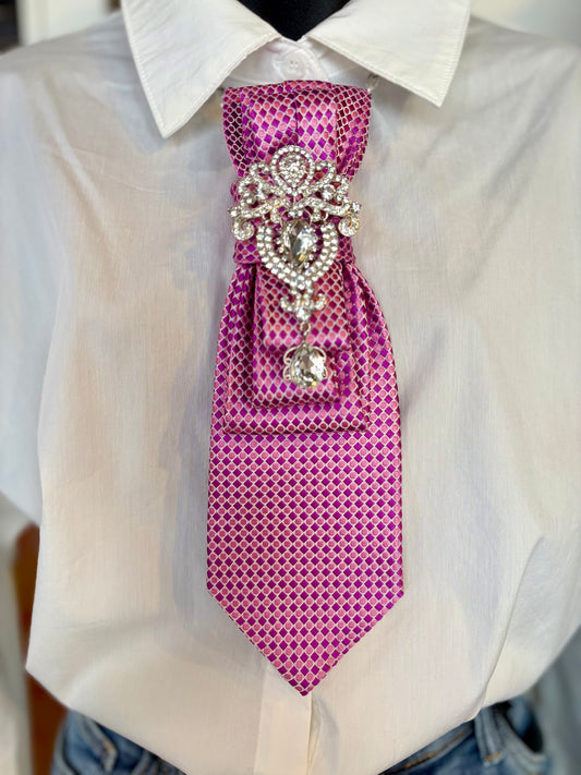 Simply Elegant Necktie Necklace /  Pink with Crystal Brooch