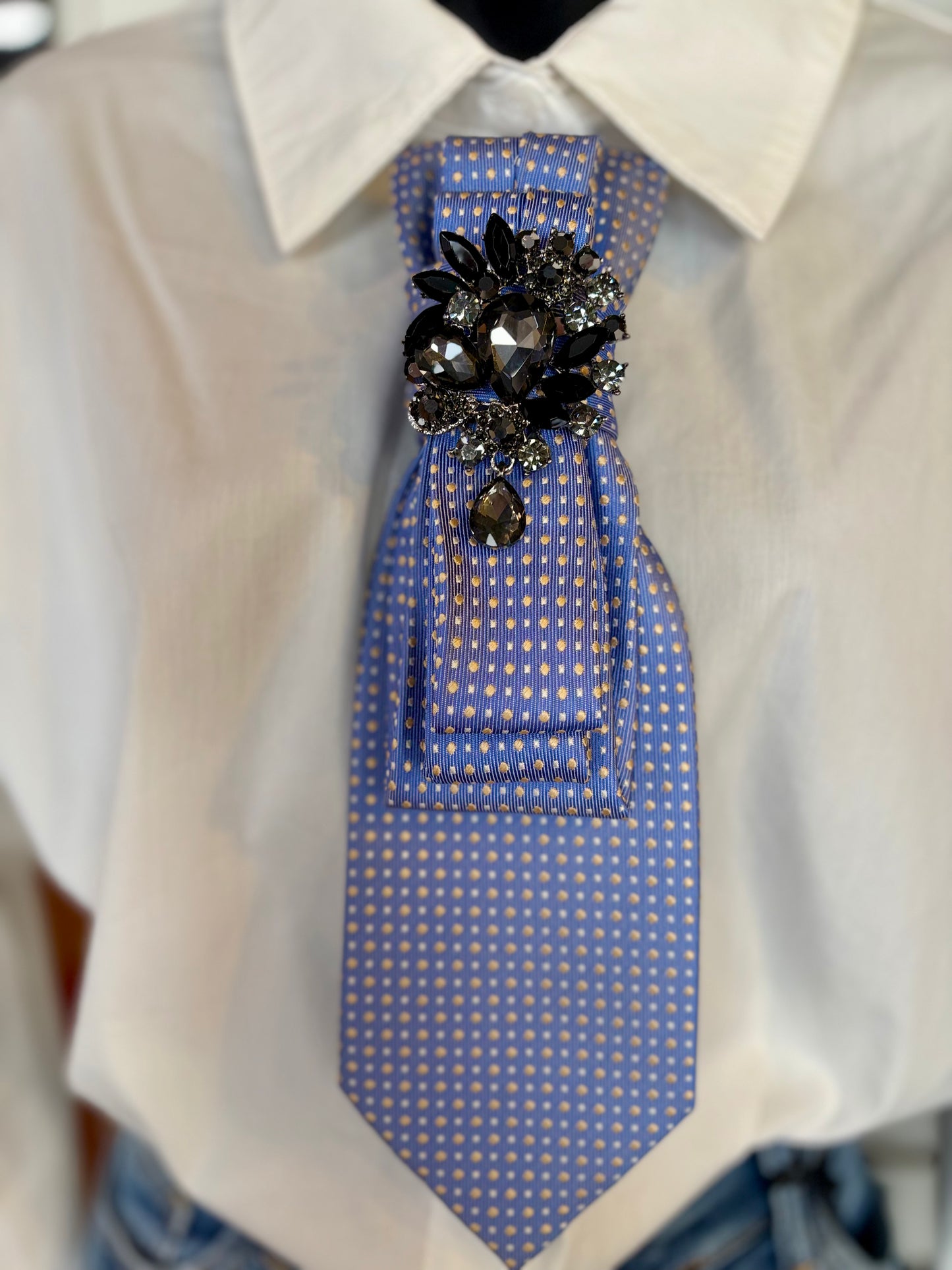 Simply Elegant Necktie Necklace /  Blue with Crystal Brooch