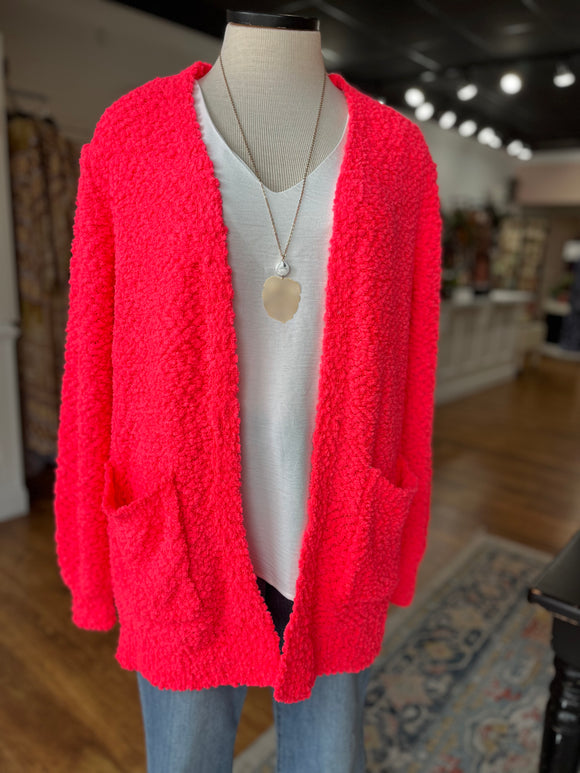 Face The Day Open Front Cardigan ~ Neon Coral Pink