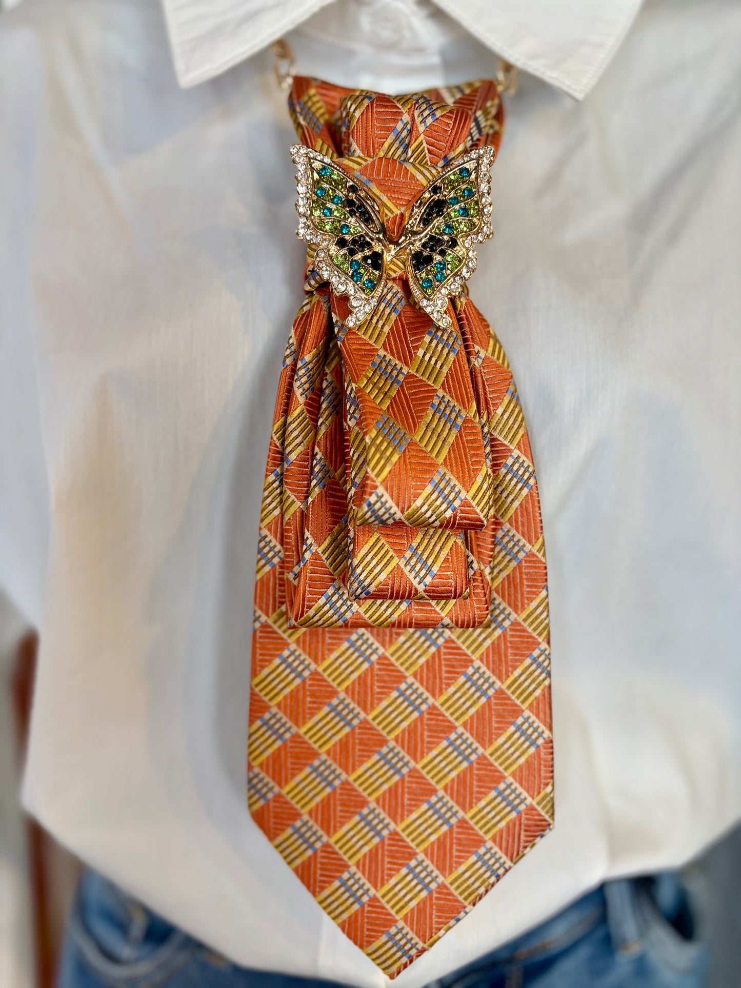 Simply Elegant Necktie Necklace /  Orange with Butterfly Brooch