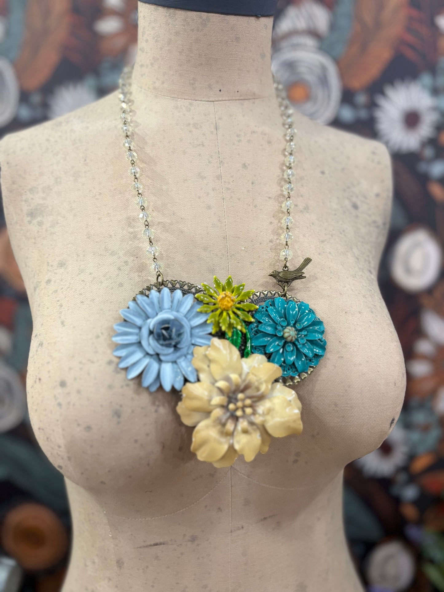 Vintage Mod Flower Assemblage Necklace - Teal/Blue/Tan