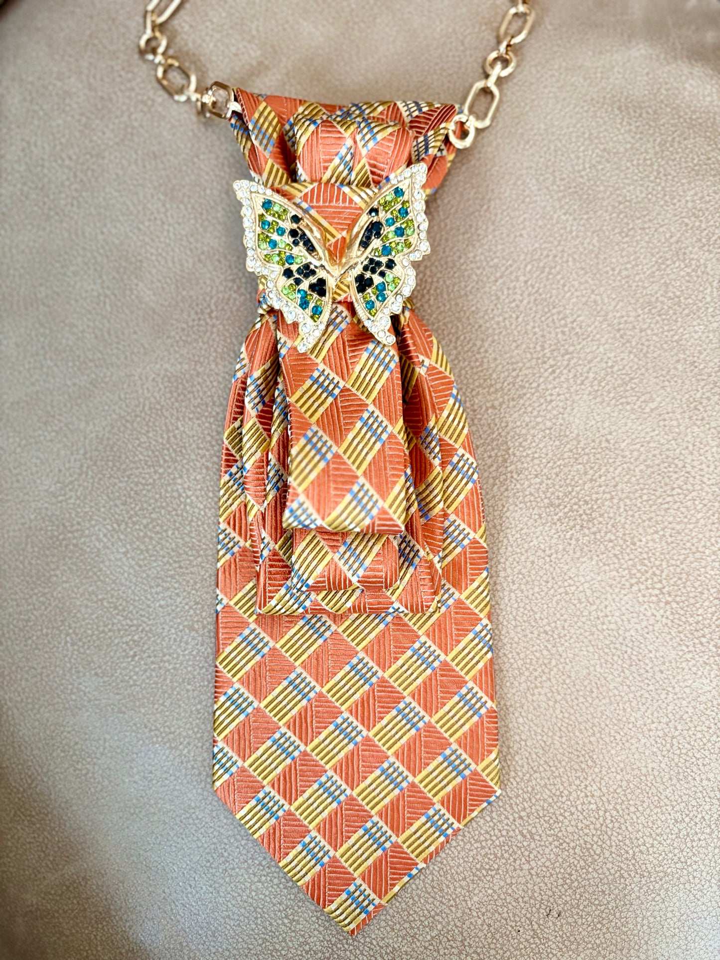 Simply Elegant Necktie Necklace /  Orange with Butterfly Brooch