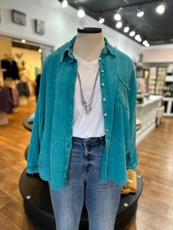 See You There Mineral Washed Gauze Button Down Shirt ~ Light Teal