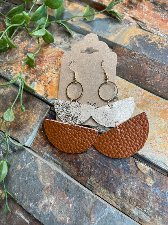 Brown and Gold Leather Drop Earrings