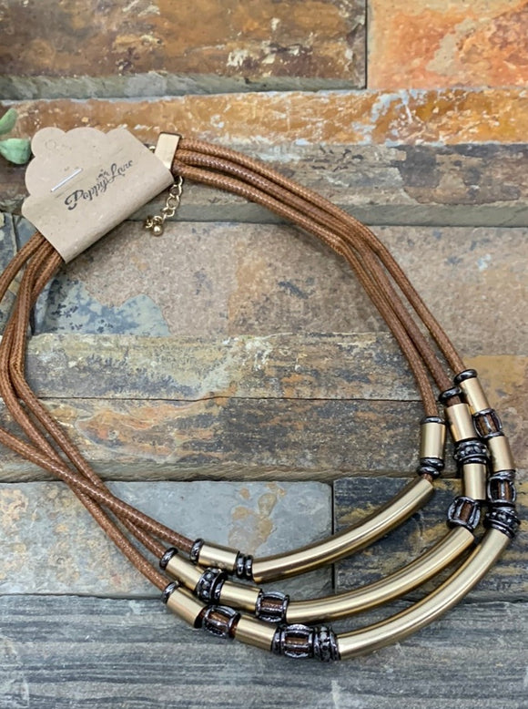 Brown Corded Necklace With Gold Accents