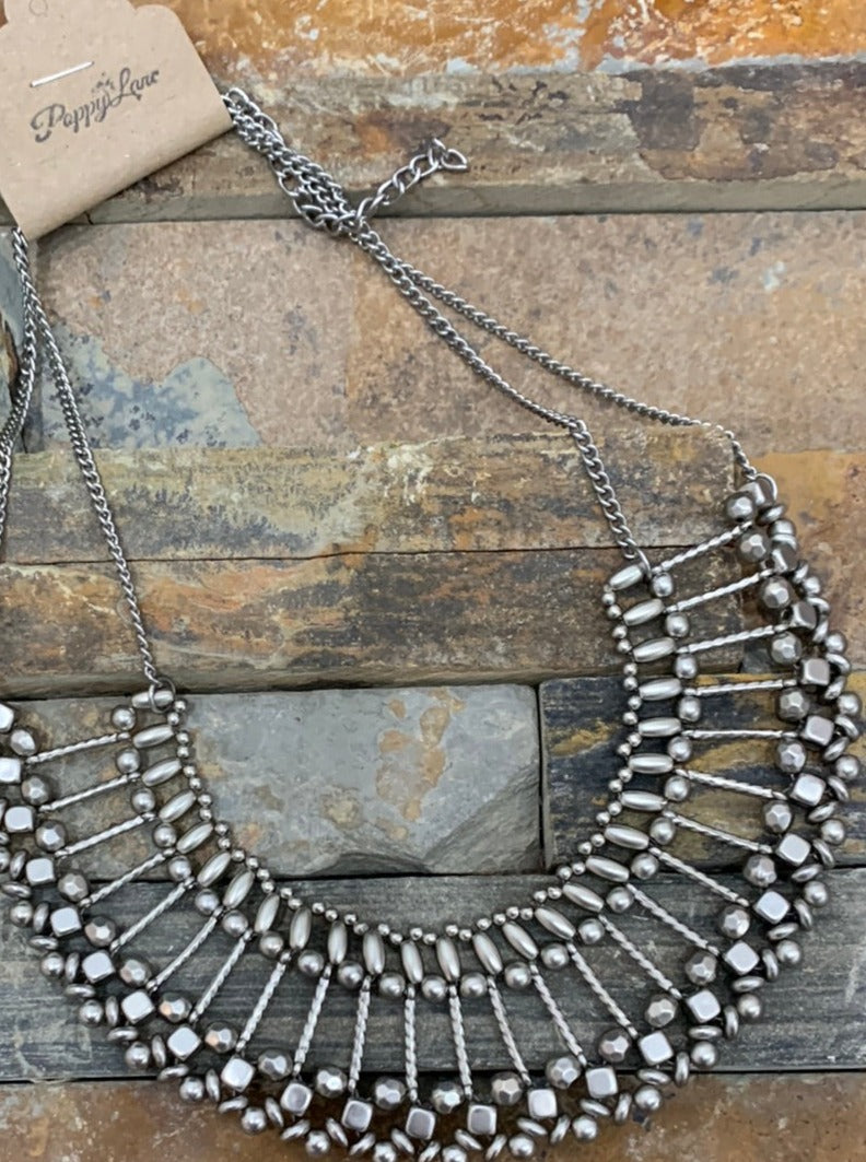 Silver Beaded Bib Necklace