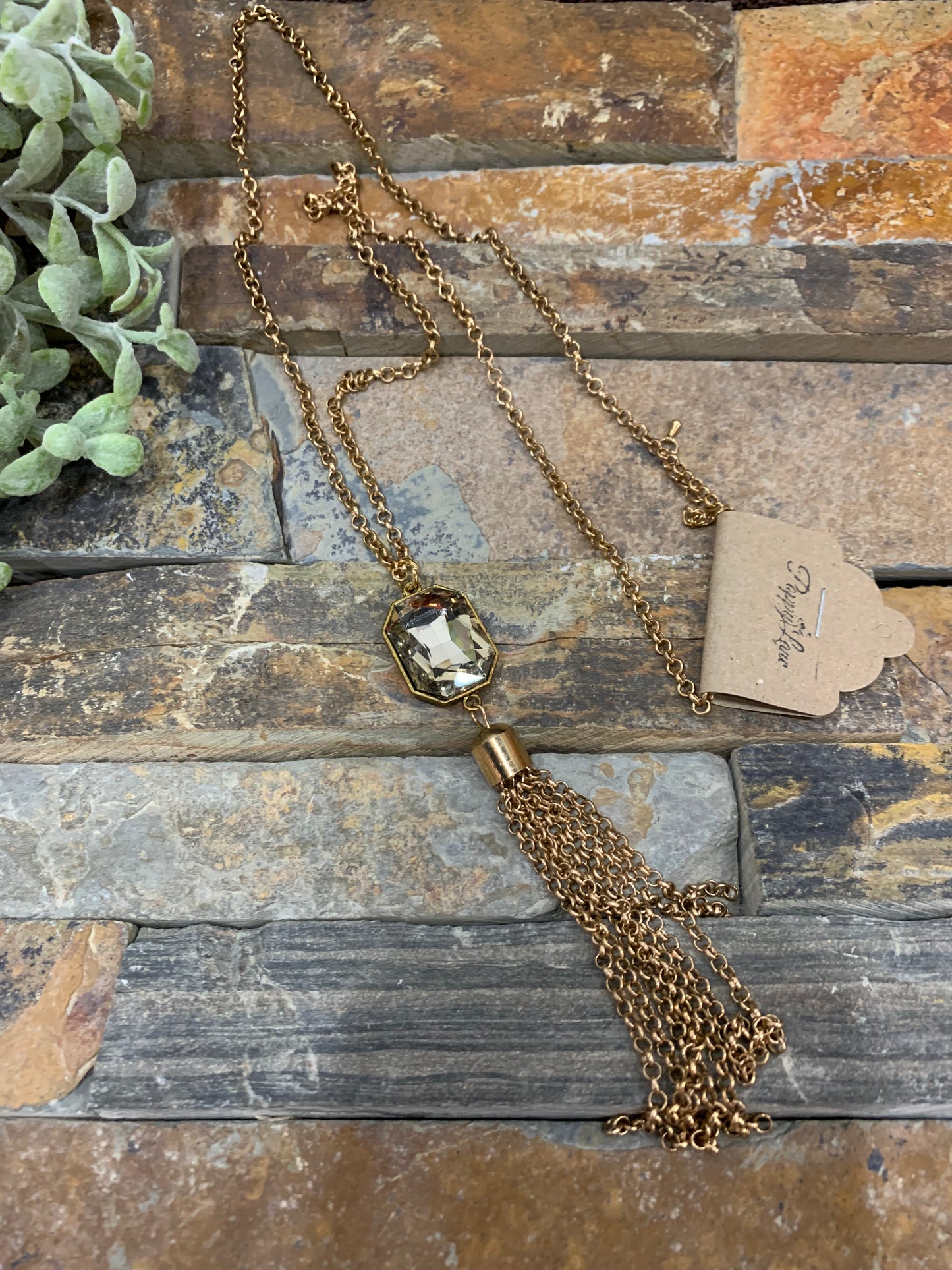 Gold Rhinestone Tassel Necklace